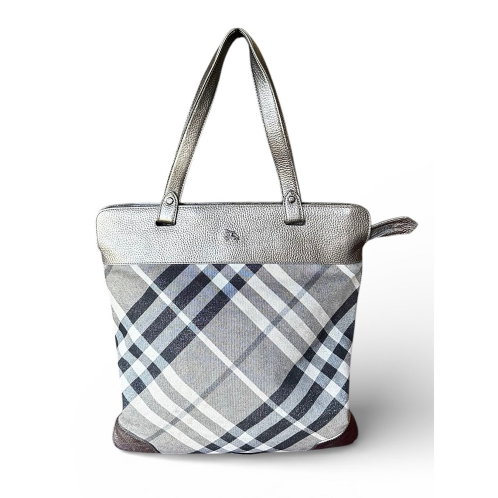 Burberry Silver Black Plaid Tote Bag